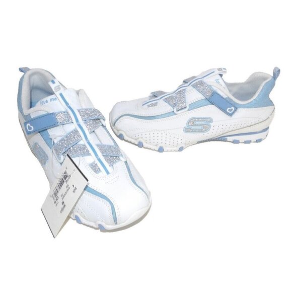 SKECHERS white & blue Chickadee sneakers hook & loop closure women's size 4 NEW - Picture 1 of 8